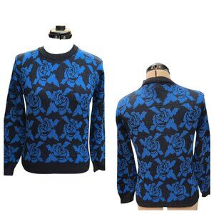 Vintage Lauren Acrylic Black Blue Floral Women's Sweater 80's Made In USA S/M